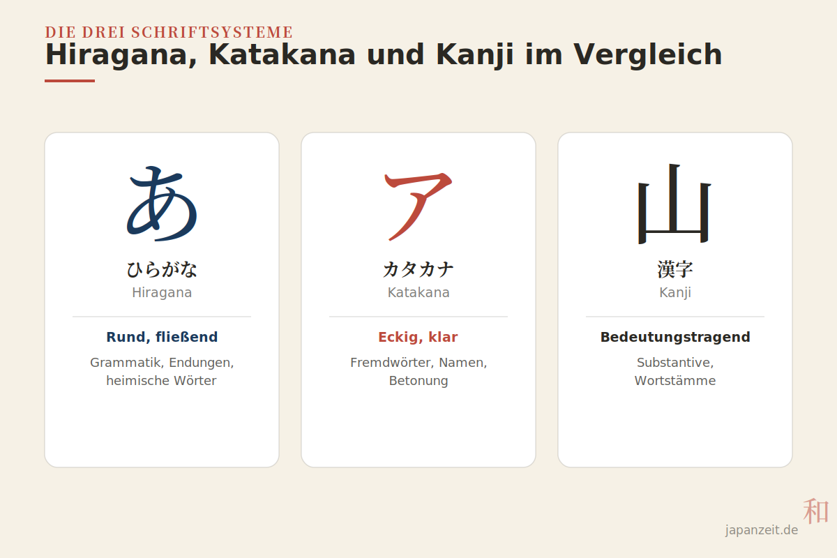 Die drei japanischen Schriftsysteme im Vergleich Vergleich von Hiragana, Katakana und Kanji mit Beispielzeichen und Funktion