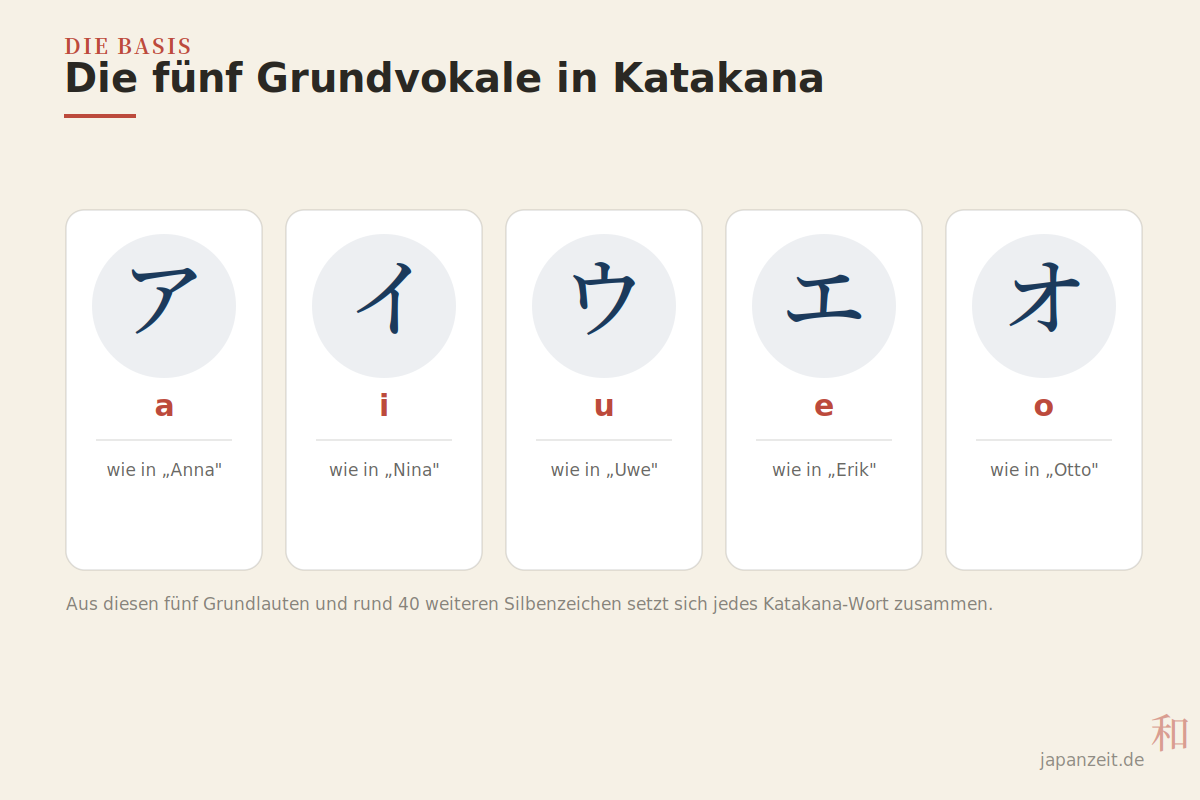 Die fünf Katakana-Grundvokale a, i, u, e, o mit Beispielaussprache