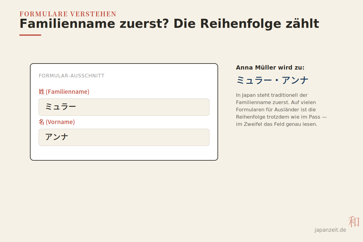 Familienname zuerst? Die Reihenfolge auf Formularen Beispielformular mit Feldern für Familienname und Vorname in Katakana, Beispiel Anna Müller