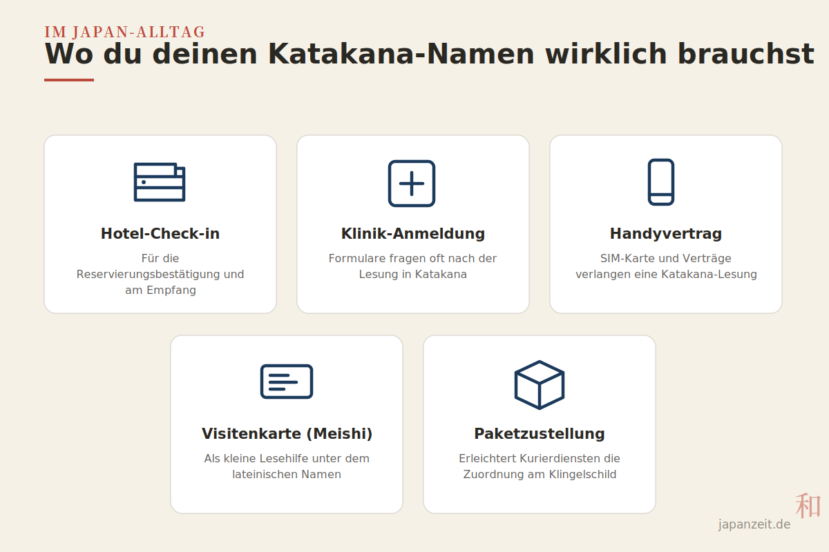 Wo du deinen Katakana-Namen wirklich brauchst Fünf Alltagssituationen mit Katakana-Namen: Hotel, Klinik, Handyvertrag, Visitenkarte, Paketzustellung