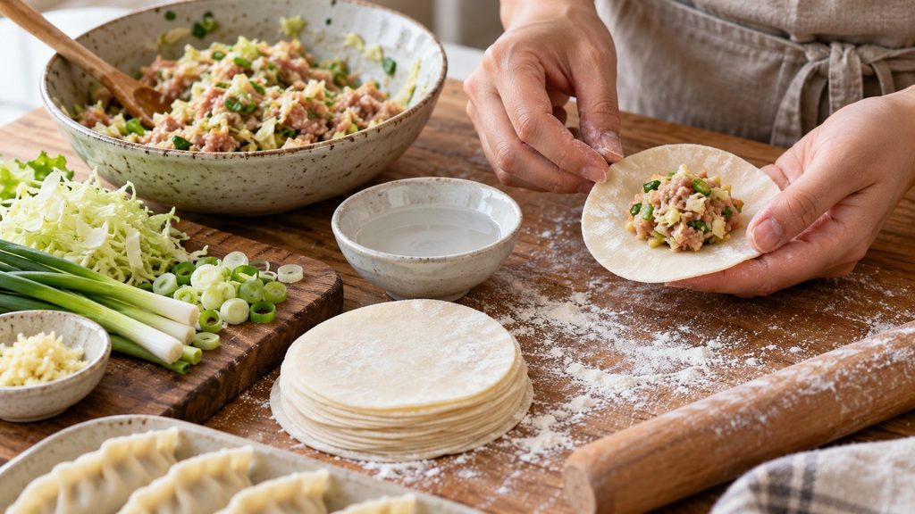 Gyoza-Teig selber machen: heißes Wasser ist entscheidend