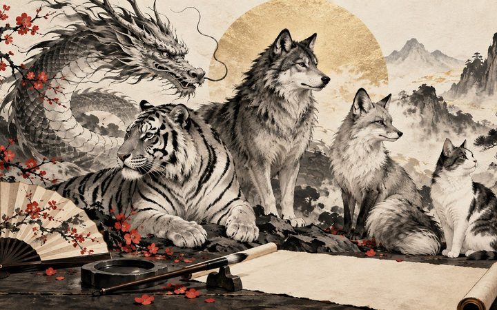 Tier-Kanji mit Bedeutung und Lesungen: 龍, 虎, 狼, 狐 und 猫 im Detail, dazu die Tierkreiszeichen – und warum Drachen-Tattoos zwei Schreibungen kennen.