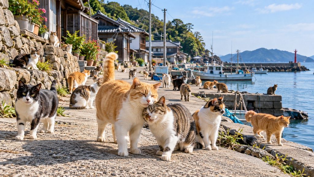Sanagishima: Katzen vor der Kulisse der Seto-Inlandsee